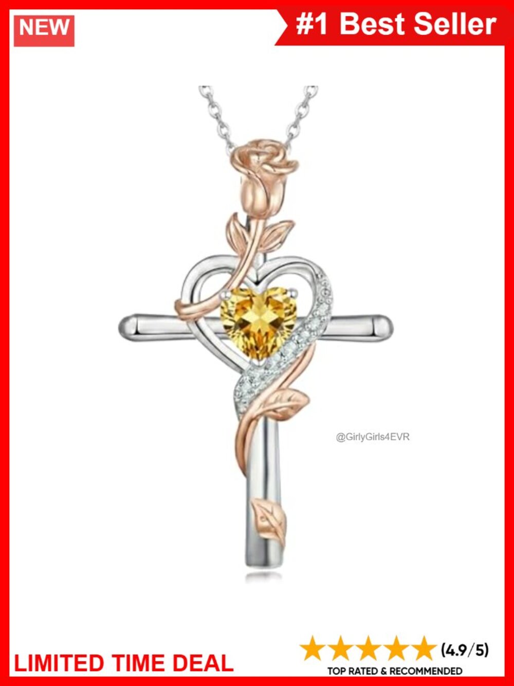 Birthstone Cross Necklace Rose Pendant Necklace Jewelry Gift for Women